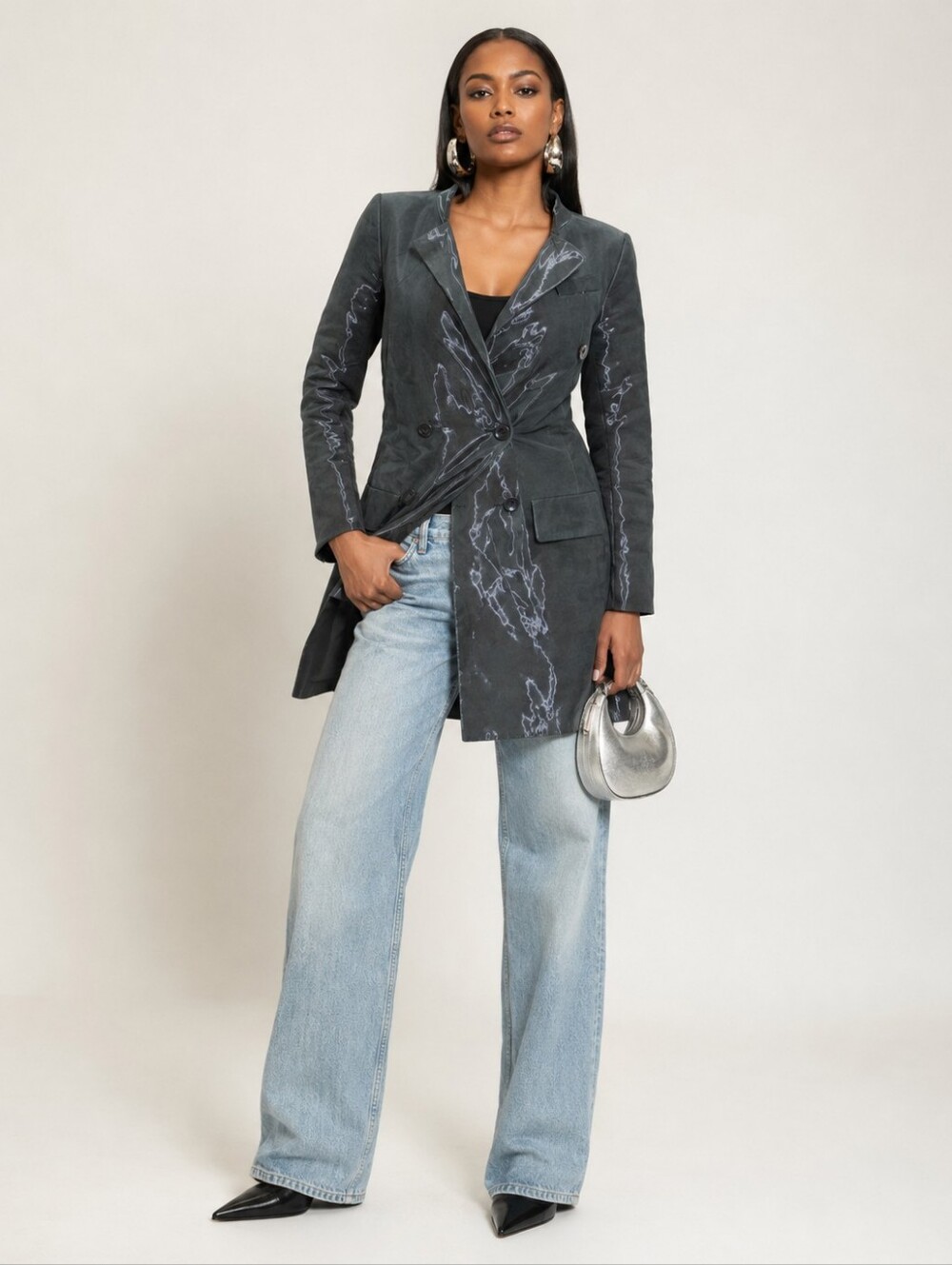 Imperial Charcoal Glossy Longline Double-Breasted Blazer M